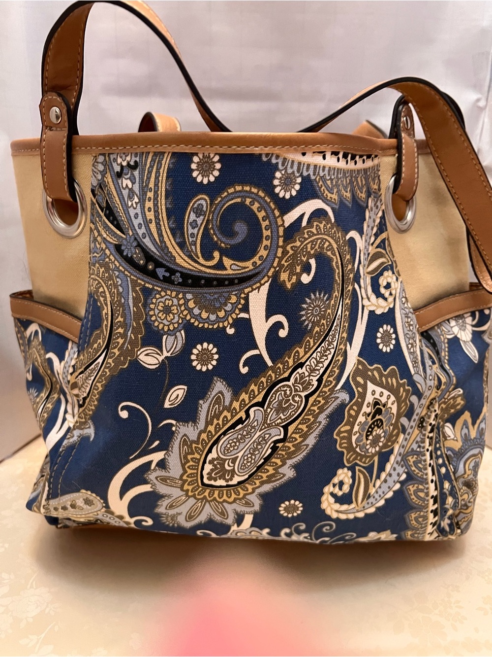 Canvas Paisley Tote Bag in Navy and Tan